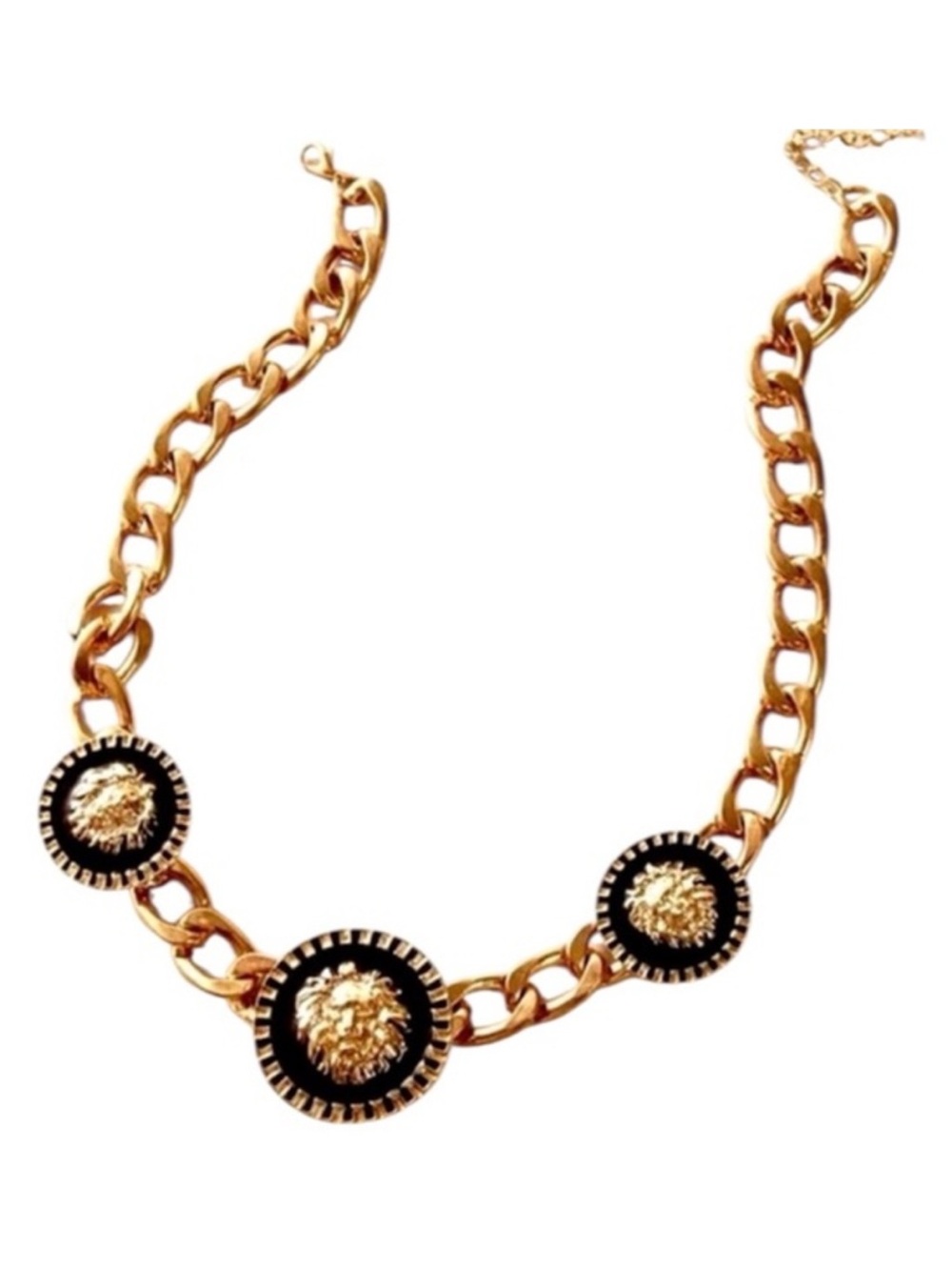 Vintage 90s Style Mob Wife Gold & Black Lion Head Link Black Lacquer Choker
